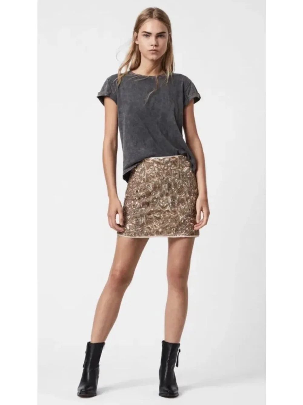 AllSaints Brellie Gold Embellished Sequin Beaded Mini Skirt Size 8 NWT $350